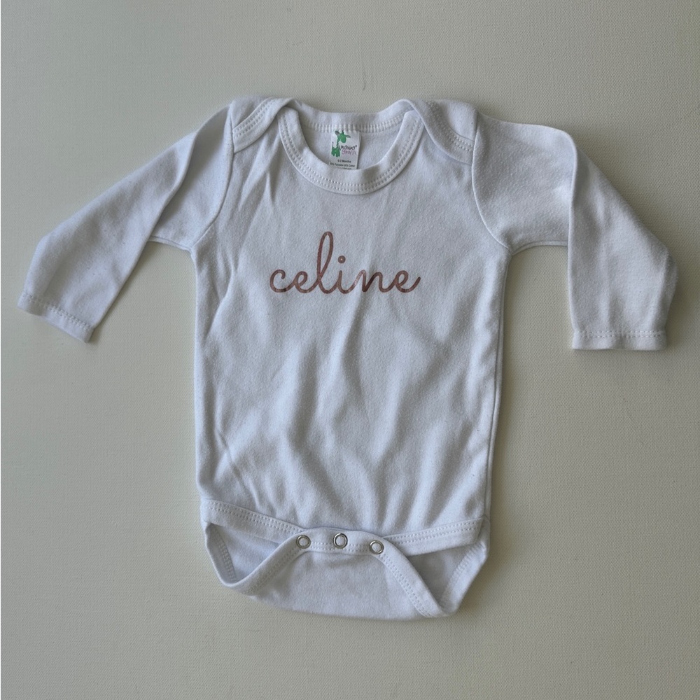 Laughing Giraffe girl’s, Celine lettering, White Long Sleeve. Size 0-3M.